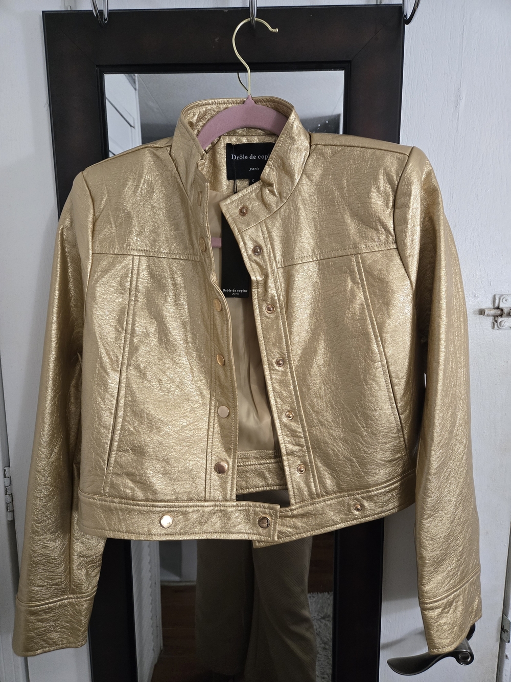 Drôle De Copine Metallic Gold Cropped Leather Jacket Size S